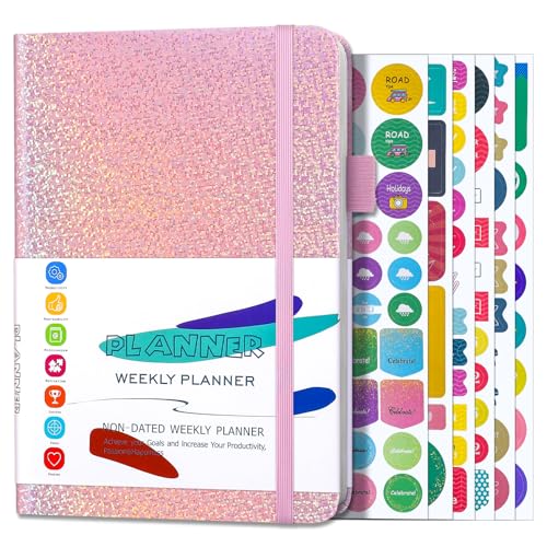 Undated Weekly Planner, A5 Monthly Planner Life Planner Notebook with Stickers Home Work School Supplies for Women Girls