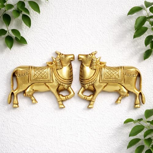 Image of Brass Cow Wall Hanging Vastu Gau MATA Idol, Kamdhenu Cow Pair Nandi (Gold Color 5x4 Inch)
