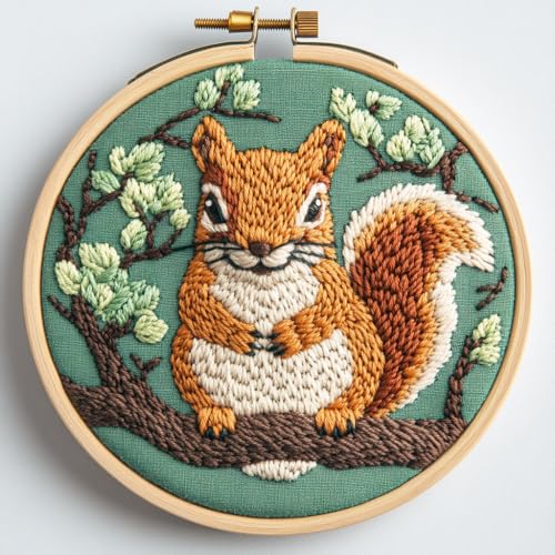 Image of DIY Punch Needle Kits Squirrel with Green with Hoop 20x20cm-2 | with Pattern Stamped Easy for Beginners Embroidery Punch Needle Starter Craft Set for Adults Festival Gift and Decoration