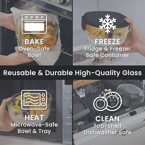 Image of Bentgo Glass Salad Container - 7.6-Cup Salad Bowl with Airtight Lid, Leak-Proof Sauce Container, 4-Compartment Bento Tray & Reusable Fork - BPA-Free for Meal Prep, Office & More (Black Onyx)