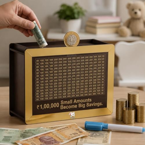 Image of Money Saving Box for Kids and Adults | Wooden Money Bank with Lock | Big Size Piggy Bank 2 Lakh Target | 1 Lakh Saving Box with Numbers | Undiyal Hundi Pig (Golden) (Brown, Pack of 1)