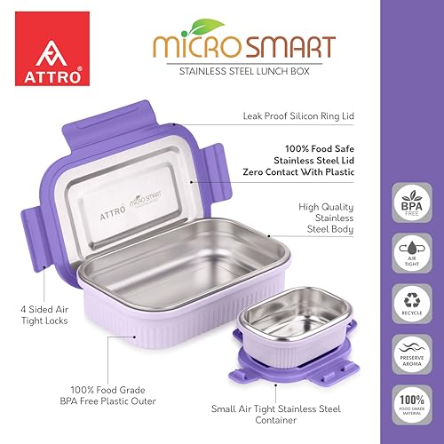 Image of ATTRO Micro Smart Stainless Steel Lunch Box with Inner Steel Body, Microwave Safe Without Lid, Airtight Leakproof with Small Container for Office, School Kids & Outdoor Use - 800ml+180ml-Purple