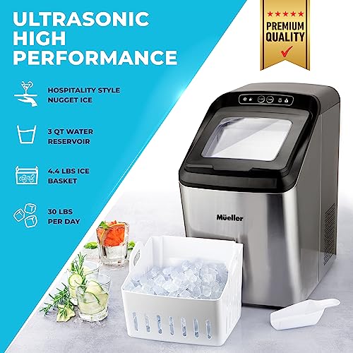 Mueller Countertop Nugget Ice Maker – Quiet, Heavy-Duty Ice Machine, 30 lbs Daily, 3 QT Tank, Compact & Portable, Includes Basket - Self-Cleaning Feature