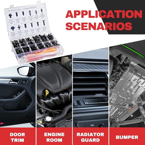 Image of 245Pcs Car Retainer Clips & Tools All-in-One Kit - 240 Black Push Pins (12 Sizes) with 5 Orange Pry Bars Stored Inside Box. Portable Bumper Fender Fastener Set for GM Ford (245Pcs)