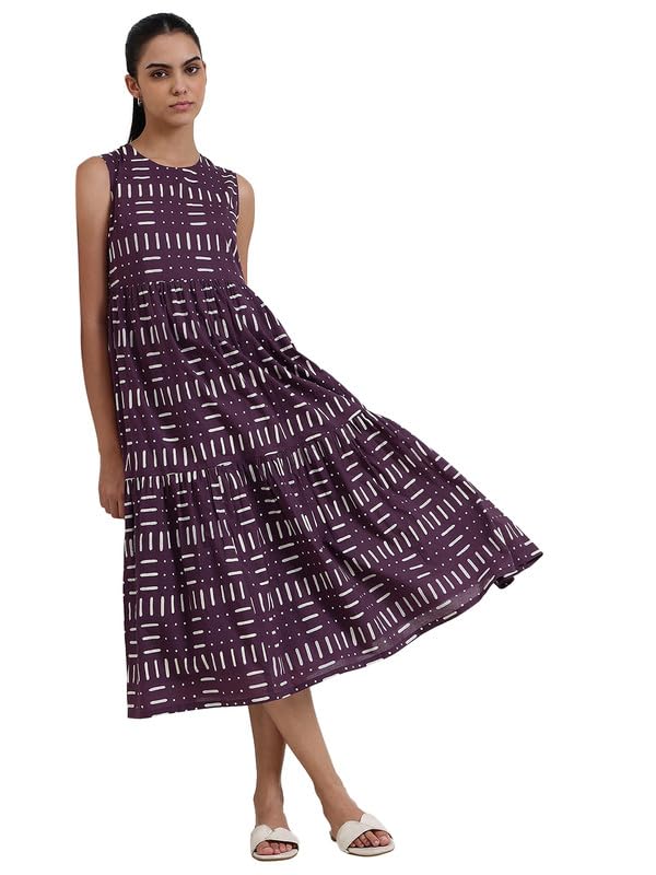 Image of Pink Fort Women Casual Dress | Cotton Fit & Flare Sleeveless Round Neck Midi | Breathable Fabric with Pockets for Summer