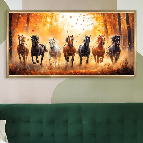 Image of PAPER PLANE DESIGN Seven Running Horses HD Canvas Print Wall Art - Premium Vastu Golden Box Frame With Acrylic - Elegant Home & Office Decor - Size: 2 x 4 Feet. (D)