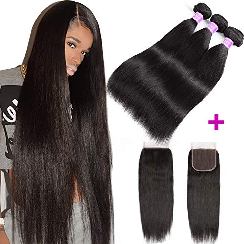 Flady Straight Human Hair 3 Bundles with Closure Grade 8A Virgin Unprocessed Malaysian Straight Hair Bundles with Lace Closure (22 24 26+20inch)
