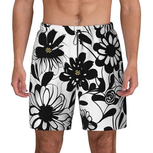 Short de bain pour homme anti-frottement doublure compression séchage rapide fleurs noir blanc