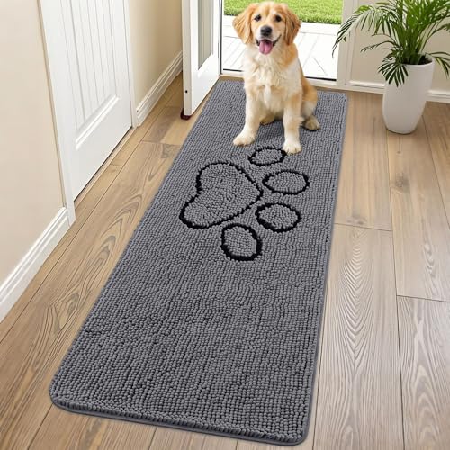 Image of Smiry Dog Door Mat for Muddy Paws, Absorbent Dirt Trapper Non Slip Quick Dry Washable Chenille Mat for Mud Dogs, Entry Rug for Indoor and Outdoor (70x24 Inches, Dark Grey and Black)