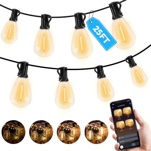 GvvooHome 25FT Outdoor String Light with S11 Plastic Bulbs Low-Voltage LED Patio Lights with App & Remote Music Sync 4 Lighting Modes Dimmable & Waterproof for Backyard Porch Garden Deck Party