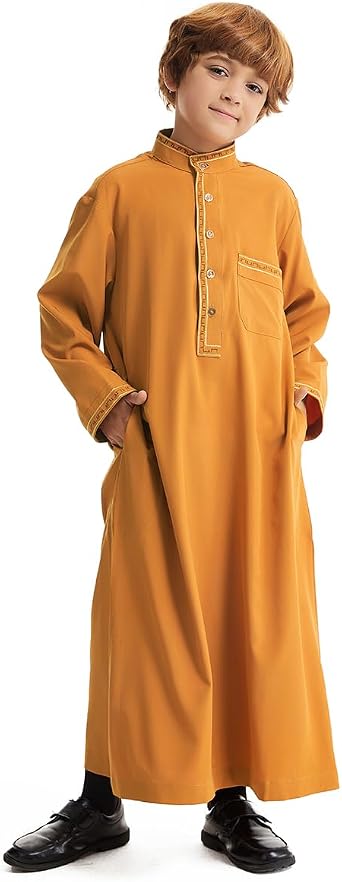 Muslim Boys Stand Collar Long Sleeves Embroider Thobe Eid Ramadan Robe TH883