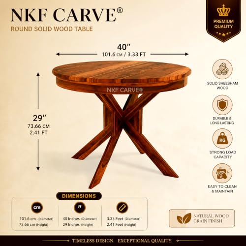 Image of Wooden 4 Seater Dining Set | Solid Sheesham Wood Round Dining Table with Slat Backrest Pattern Cushioned Chairs | Modern & Trending Design for Home & Dining Room | Shining Honey