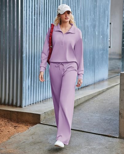 Image of PINSPARK 2 Piece Sets for Women 1 /2 Zip Sweatsuit Loose Fit Sweatshirt Straight Leg Pants 2026 Matching Outfit Fall Tracksuit