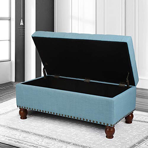 Asense Fabric Rectangle Tufted Lift Top Storage Ottoman Bench, Footstool with Solid Wood Legs, Nail-Head Trim