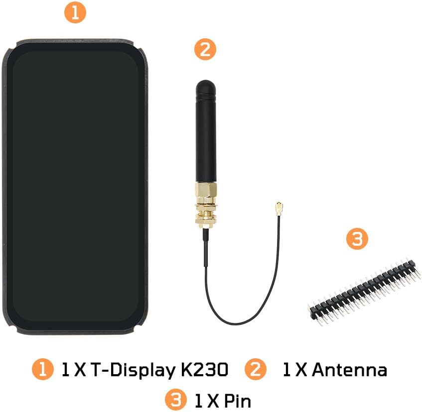 Contents of the LILYGO T-Display K230 package, including the board, antenna, and pin headers