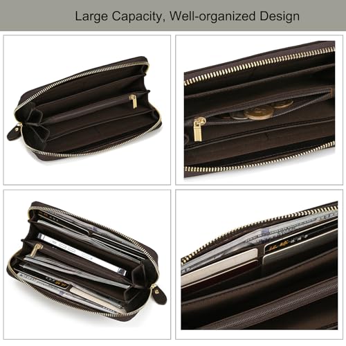 Genuine Leather Long Wallet Zipper Around Purse Clutch Bag Handbag Pouch Cash Credit Cards Phone Holder, Dark Brown4