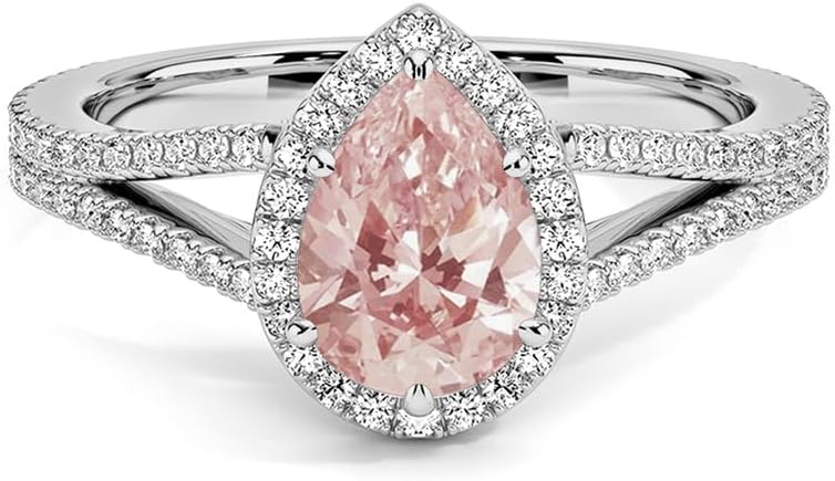 1.00 Carat Pear Cut Morganite & White Diamond Split Shank Halo Engagement Ring For Women, 14K Gold Plated 925 Silver September Birthstone Diamond Bridal Side Stone Ring