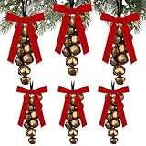Halloscume 6 Set Christmas Jingle Bell Iron Cluster Gold with Red Velvet Bow Xmas Metal Vintage Bells with Jute Hanging Rope Decorative Rustic Bow Bell for Wreaths, Outdoor, Indoor, Xmas, Decorations