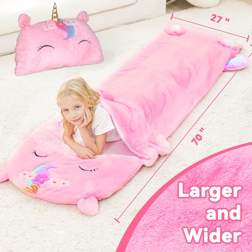 iplay ilearn kids unicorn sleeping bag toddler girl nap mat plush animal slumber bag 2 in 1 pink pillow daycare preschool kindergarten birthday gift travel sleepover 3 4 5 6 7 8 10 12 yr child teen