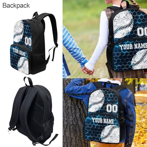 4Pcs Baseball Sport Personalized Customized Name Kids Backpack For Girls, Blue Hexagon Pattern Student School Backpack With Lunch Bag Pen Bag Set4