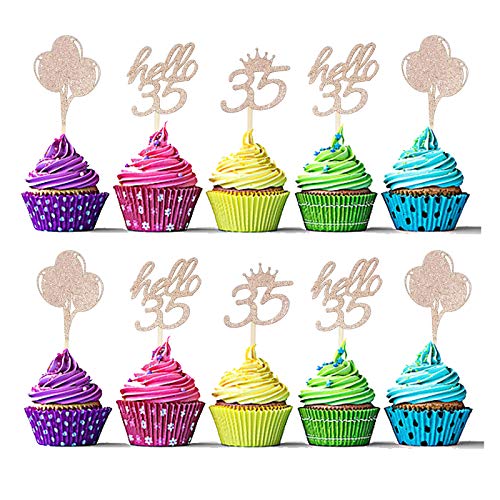 Sumerk 24 Pcs 35th Birthday Cupcake Toppers Rose Gold Glitter Hello 35 Cupcake Topper 35 Birthday Cupcake Picks Party Decoration Supplies