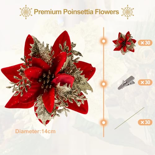 Sportyouth A-AFC3 30 Pcs Red Gold Poinsettias Artificial Christmas Flowers Large 5.5 Inch Glitter Poinsettia Christmas Tree Decoration Flower thumb #1