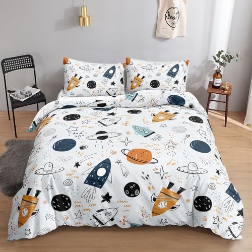 HOSIMA Parure de lit pour adultes garçons et filles - Motif planète de fusées - Housse de couette avec 2 taies d'oreiller (planète fusée1 S)
