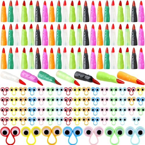 Kugliwa 140 Pcs Halloween Finger Puppets Toys Include 70 Pcs Colorful Witch Fingers 70 Pcs Googly Eye Rings for Halloween Reading Cosplay Party Decorations, 7 Colors