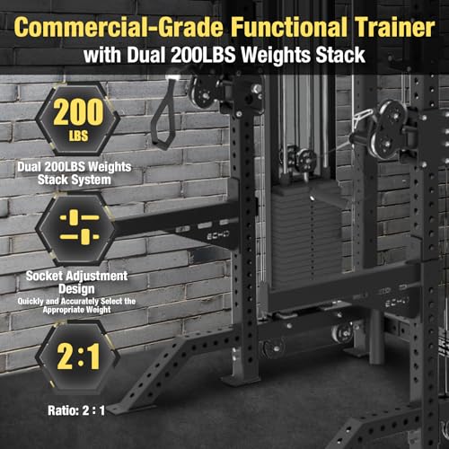 Image of Commercial Functional Trainer Cable Machine with Dual Weight Stacks, Power Cage Squat Rack, Dual Cable Crossover Machine with Pulley System