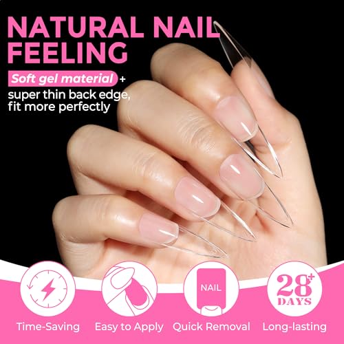 Image of UNA GELLA Long Stiletto Gel Nail Tips: 216pcs Halloween Stiletto Almond Fake Nails Pre-shape Long Almond Press Ons for Full Cover Acrylic French False Nails For Nail Extension DIY Salon 12 Sizes