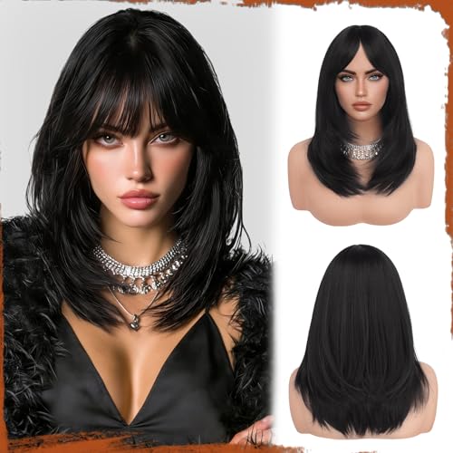 Sofeiyan Parrucca Lunga Dritto con Frangia, 40 cm Nero Naturale Parrucca Donna Naturale Stratificato, Parrucche Sintetica Resistente per Use Quotidiano le Feste e il Cosplay
