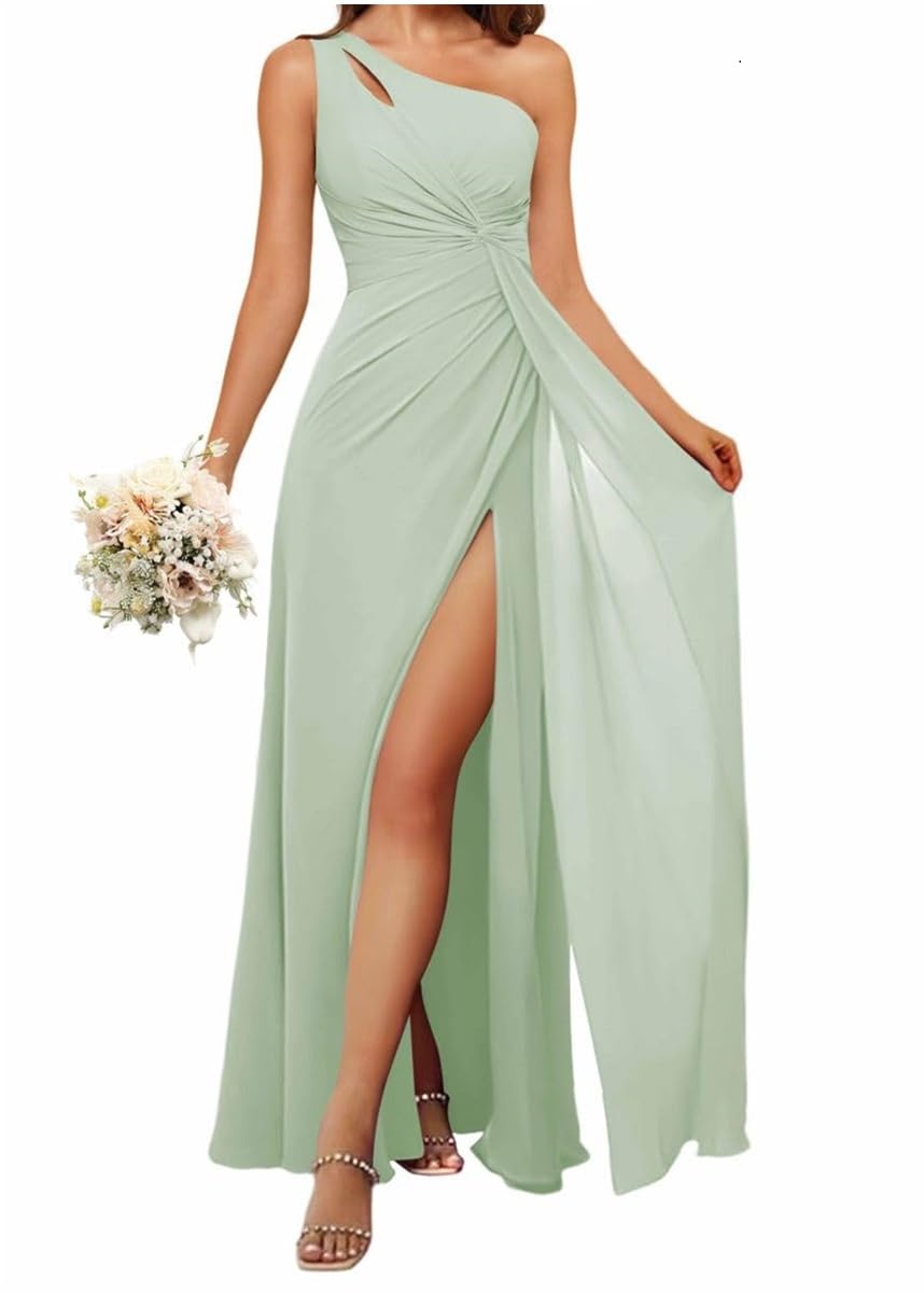 Hppee Women's Sage Green One Shoulder Bridesmaid Dresses With Slit A Line Chiffon Long Formal Party Dress For Uk6