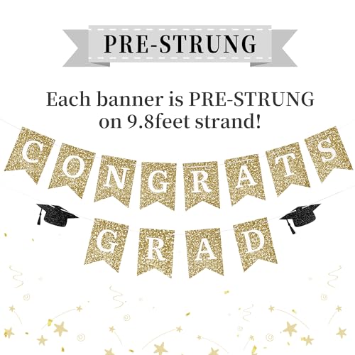 Image of Congrats Grad Banner Gold Glitter Pre-Strung Congrats Grad Sign Decorations - 8ft -No DIY - Graduation Party Decorations for Class of 2026 Graduation Decorations