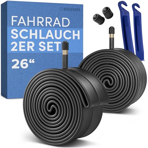 Büchel Fahrradschlauch 26 Zoll - AV 35mm 26x1 75-2 125 (47-559) inkl. Reifenheber & Ventilkappen - Robust Luftdicht und aus Hochwertigem Kautschuk - Fahrradschläuche für City- Tour- & MTB