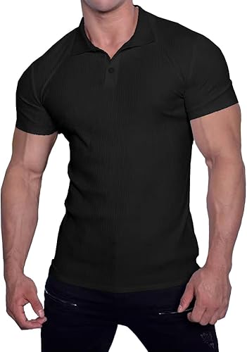 Muscle Cmdr Polo ajustado para hombre, manga larga y corta, elástica, de secado rápido, casual, para golf, atlética