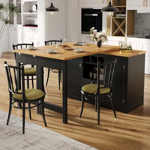 YEHTOKHOME Table de Bar Extensible avec Rangement, Table de bistrot avec 3 Porte-Bouteilles, Table à Manger Extensibl 120-180 cm, Plateau Pivotant 360°,...