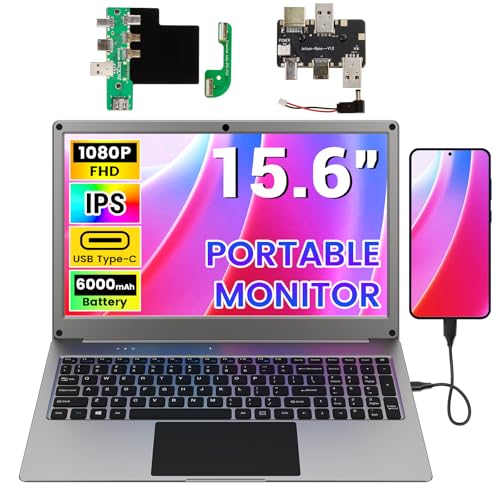 Image of Portable Monitor with Keyboard, 15.6 Inch Lapdock Display with 6000mah Battery,CrowView Note 1080P FHD USB C Monitors with RPi5&Jetson Adapters Compatible with RPi5, PC, Phone, Mac, Game Console