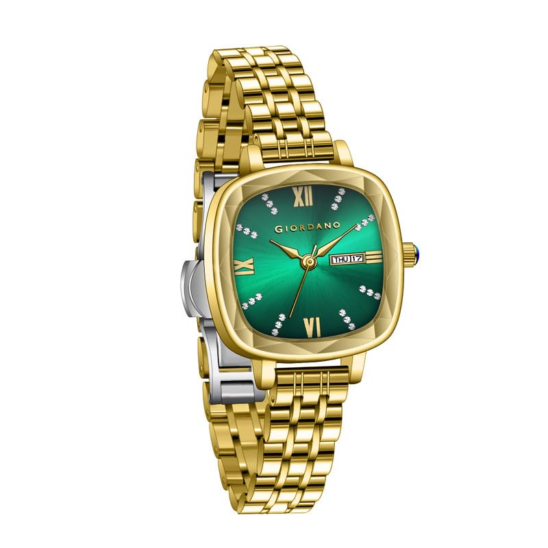 Image of Giordano Elegant Square Rose Gold Watch for Women - Crystal & Roman Hour Markers, Day-Date Display, Stainless Steel Strap
