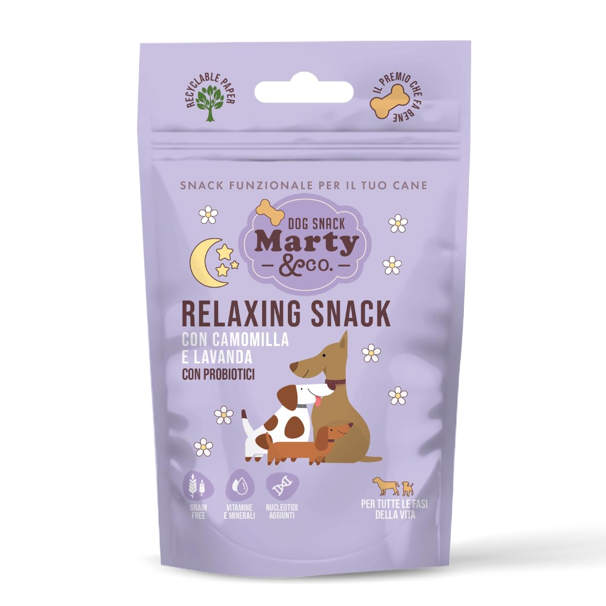 Marty & Co - Relax Snack - Biscotti - per Rilassare Il Cane e Gatto Sotto Stress - Con Camomilla, Lavanda, Probiotici, Nucleotidi, Vitamine e Minerali - Grain Free - gr 80