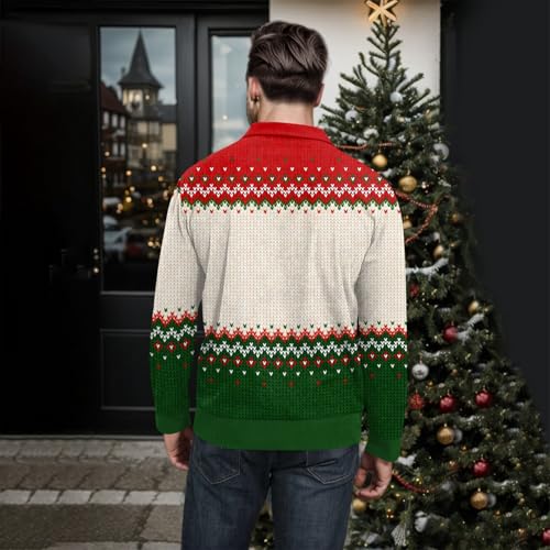 Ugly Christmas Sweater Men Corduroy Long Sleeve Stand Collar 1/4 Button Up Thermal Sweatshirt2
