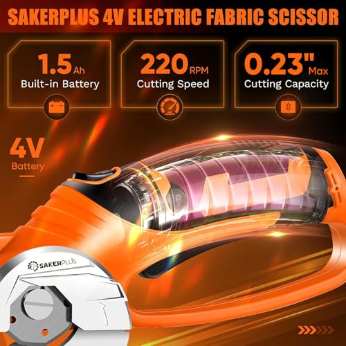Image of SakerPlus Cordless Electric Scissors, 4V Cardboard Cutter, Box Cutter Fabric Scissor with Safety Lock & LED Light, Rechargeable Power Rotary Cutters for Box Carpet Fabric Plastic Leather