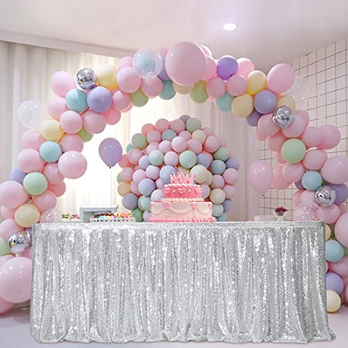Poise3Ehome 14Ft Sequin Table Skirt, Silver Table Skirt For Rectangle/Round/Square Tables For Party Wedding Birthday Christmas #TOP3