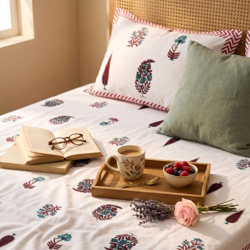 Image of Naksh Bedsheet for Double Bed King Size Floral Print 2 Pillow Covers | Royal Crimson Botanical Bedsheet | Soft Breathable Heritage Floral Bedding Set | Royal Sajawat Collection |