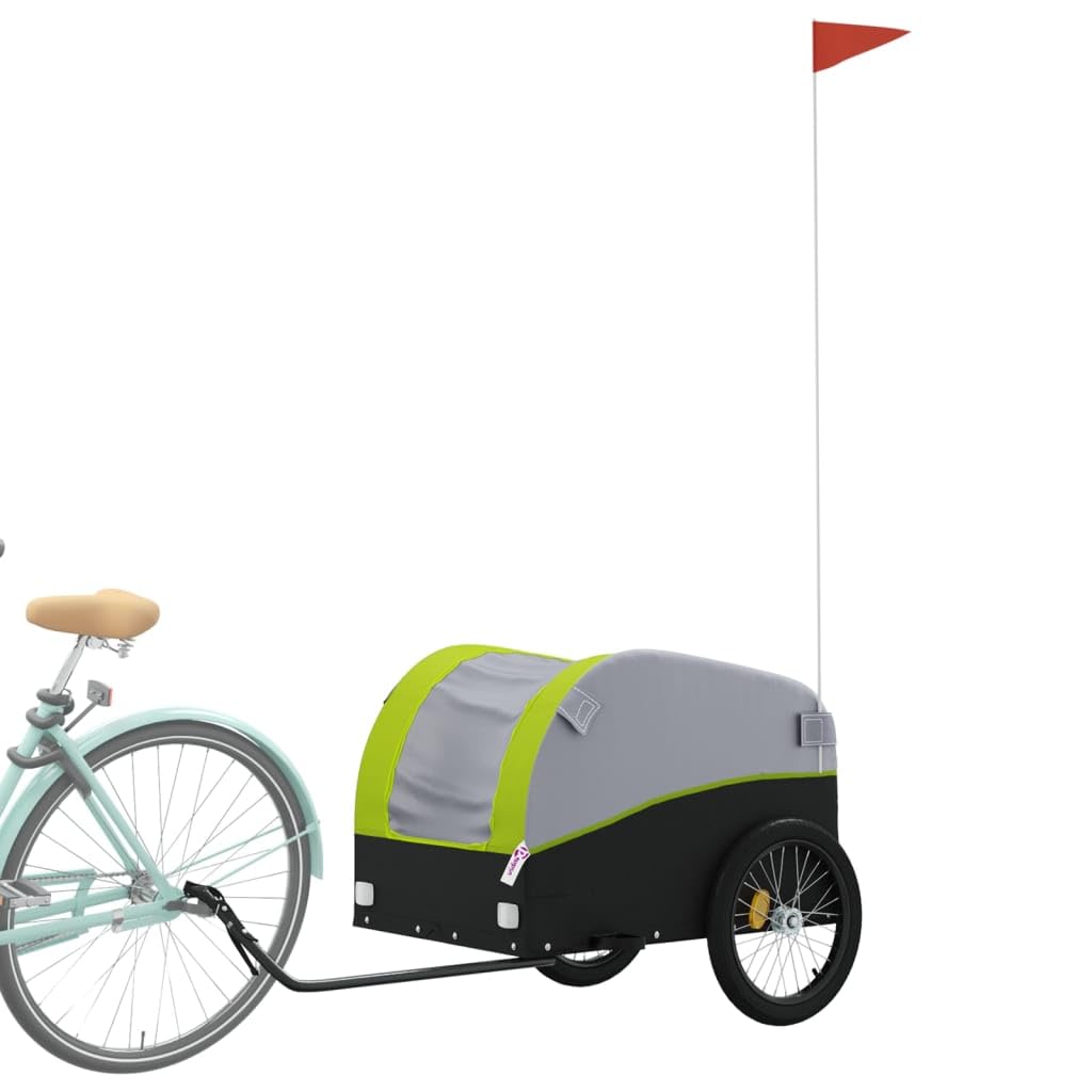 Przyczepa rowerowa z żelaza w kolorze czarnym i żółtym, nośność, wymiary x x, z flagą bezpieczeństwa, idealna do transportu, zakupów, wycieczek i użytkowania na świeżym powietrzu