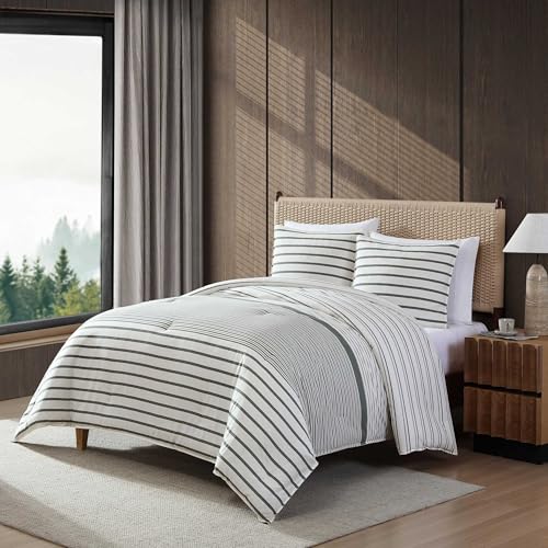 Image of Eddie Bauer - Twin Comforter Set, Cotton Bedding with Matching Sham, Two-Piece Back Closure, Dorm Essentials (Cooper Stripe Green)