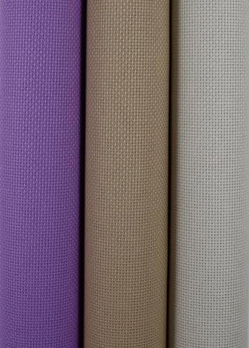 Image of KCS 3 pc of 15 inch x 18 inch(38cmx45cm) Counted Cross Stitch Cotton Aida Cloth Needlework Rolled Fabric Box,16CT,Pearl Grey+Khaki+Lavender