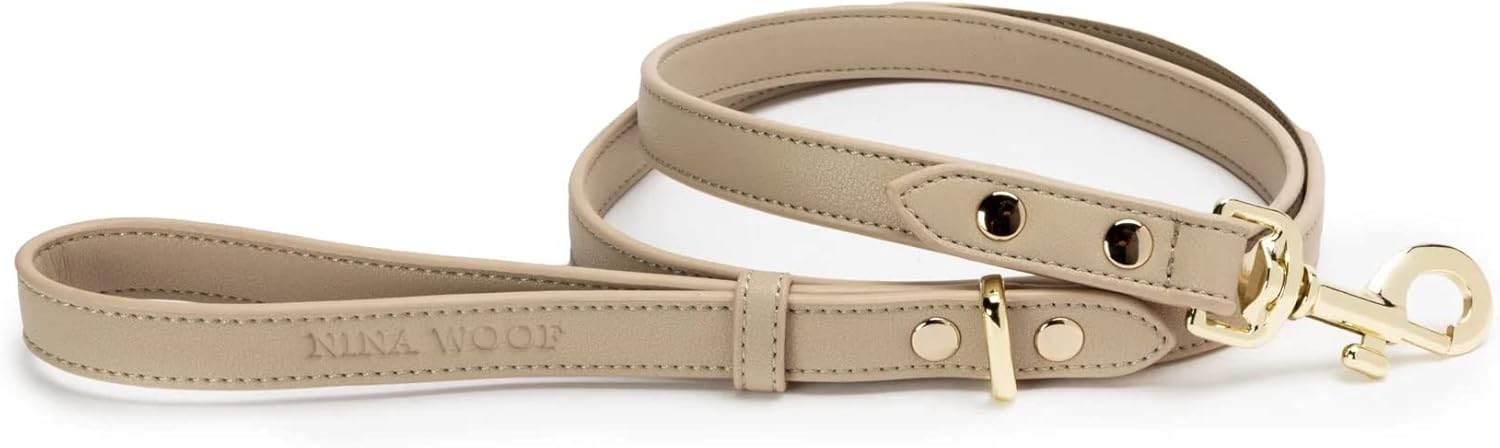 NINA WOOF Cupertino Dog Collar and Leash Bundle (Small) - Vegan Leather Dog Collar Compatible with Airtag 2021 with Handcrafted Leather Leash for Dogs in a Stylish European Design - Beige