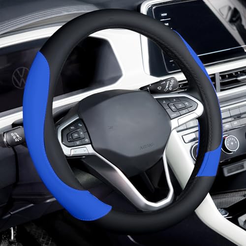 Image of Coverado Car Steering Wheel Cover, Nappa Leather Black & Blue Steering Wheel Covers for Women, Universal 14-15 inch, Anti-Slip, Breathable Steering Wheel Protector