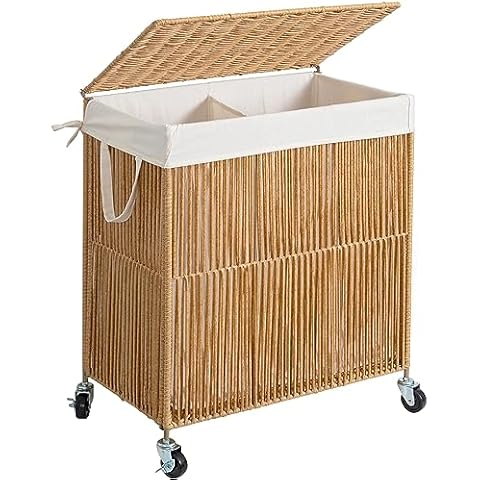 WOWLIVE Laundry Hamper with Wheels, Handwoven Rolling Laundry Basket with Lid, Clothes Hamper with Divided Removable Liner Bag, 115L Large Capacity Laundry Sorter Laundry Room Organization, Natural Cover