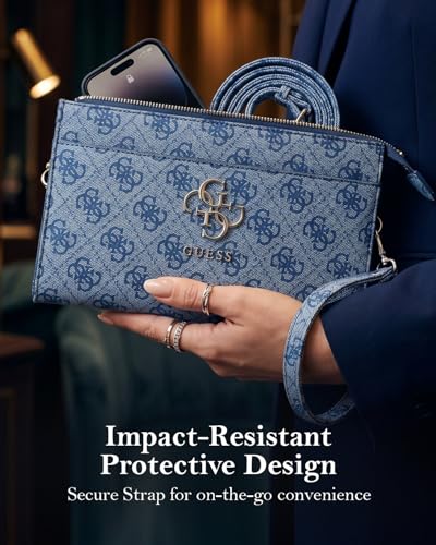Image of CG MOBILE Guess Universal Phone Wallet Bag Officially Licensed, Big 4G Logo Print Phone Pouch with Crossbody Strap, Impact-Resistant Protective Phone Holder for Women - Blue